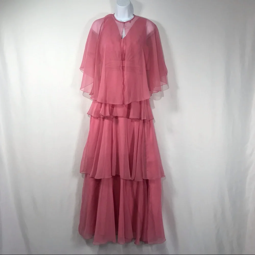 Sold—Vintage Pink Chiffon Empire Waist Maxi Dress with Matching Chiffon Cape - Picture 7 of 17